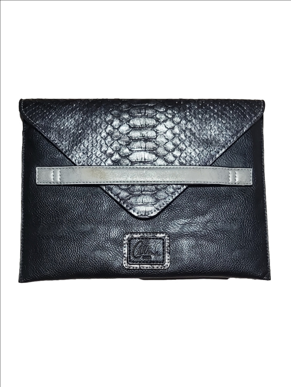 CELINE DION Black silver metallic faux pebble and snakeskin leather clutch